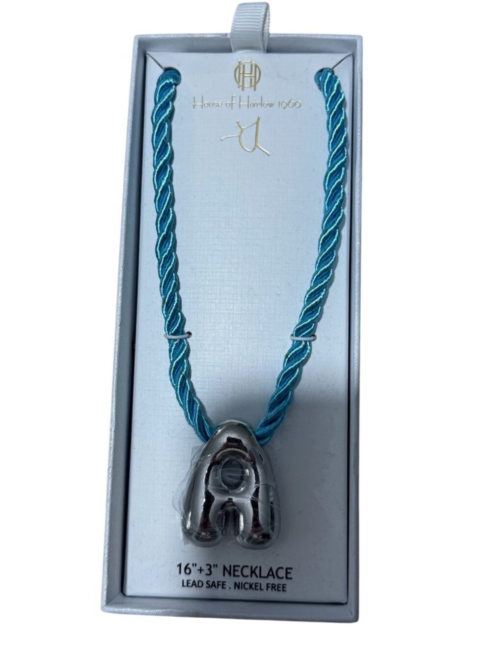 House of Harlow 1960 Initial A Necklace Turquoise Cord Silver Tone Pendant
